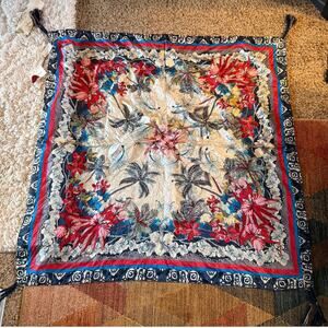 NWT Johnny Was Silk Scarf Tassels Blue Floral Border Square 42x42